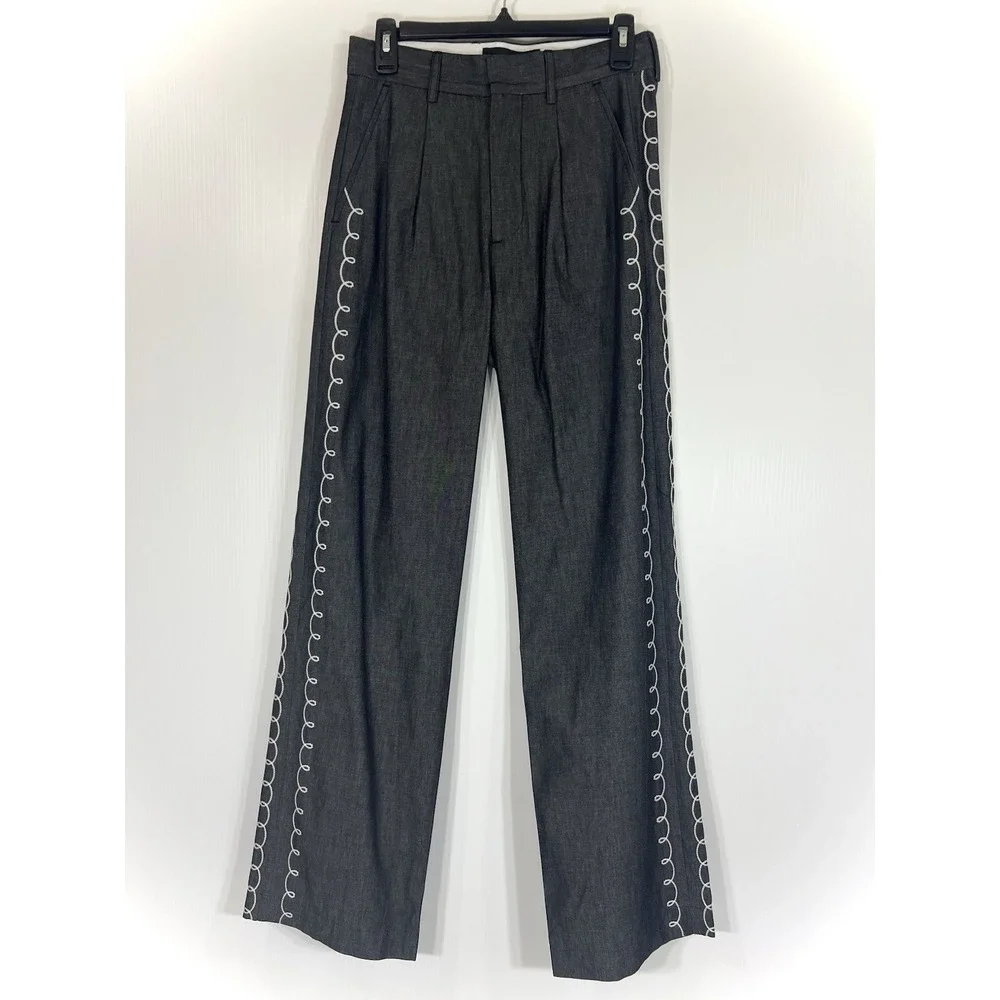DOUBLE RAINBOUU Embroidered Western Straight Pants Size Small Gray White‎ Cotton